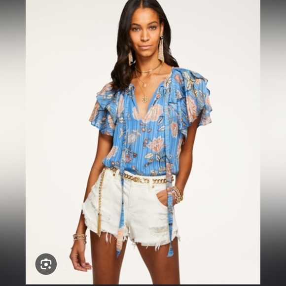 Ramy Brook Printed Sue Ruffle Sleeve Top in Ocean - Picture 2 of 12